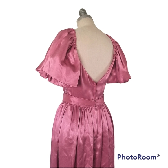 Vintage Union Made 80s Puff Sleeve Satin Pink Embrodiered Floral Midi Dress - Picture 6 of 16